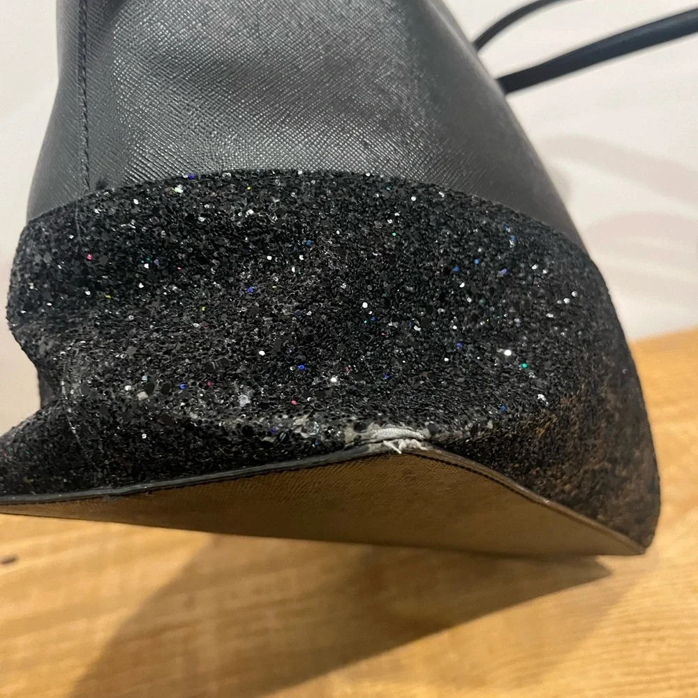 Kate‎ spade ♠️ black leather glitter trim tote bag GUC